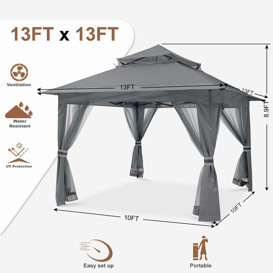 Patio Gazebo Outdoor Pop up Gazebo with Mesh Walls (13X13,Dark Gray)