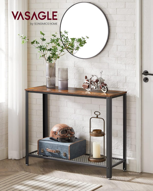 Console Table, 2-Tier Entryway Table with Mesh Shelf, Narrow Sofa Table, Steel Frame, Adjustable Feet, for Hallway, Living Room, Industrial Style, Rustic Brown and Black ULNT80X