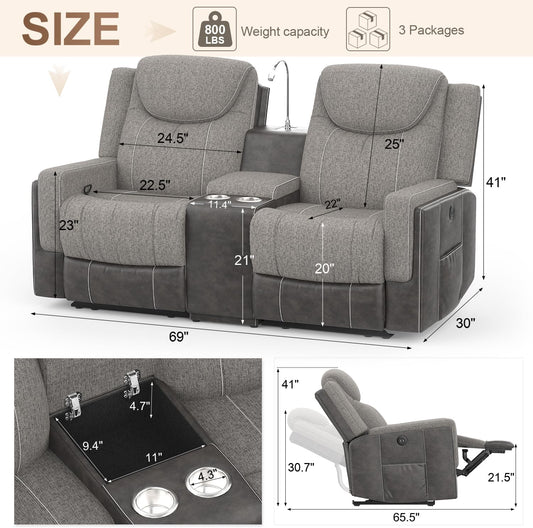 Loveseat Recliner Sofa, Manual Reclining Loveseat with Reading Light, Chic Blend Style Sofa, Storage Console, Cup Holders, USB Ports, Fabric & PU Leather, Recliner Couch for Living Room/Rv
