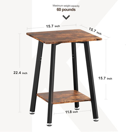 Brown Side Table, 2-Tier Small Square End Table for Small Spaces, Living Room, Bedroom
