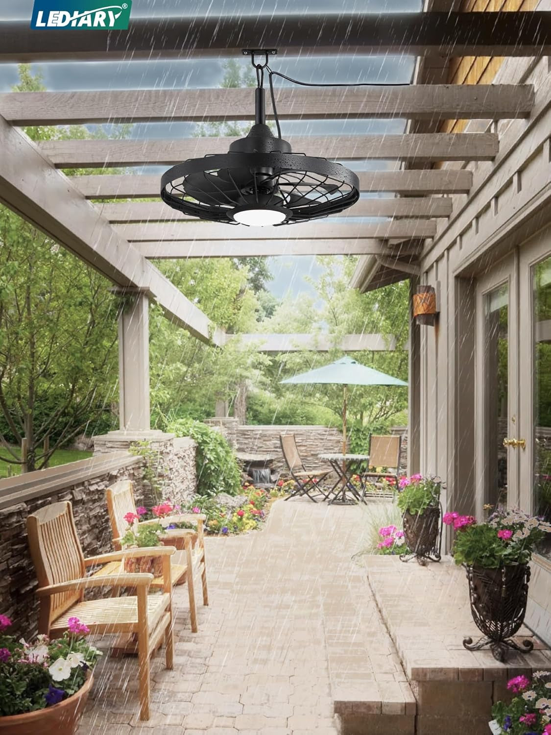 20" Outdoor Ceiling Fan with Lights,Ip65 Waterproof Gazebo Hanging Fan with Remote Control Smart App, Plug in Caged Ceiling Fan with 3CCT 6-Speeds for Patio Porch Pergola(Black)