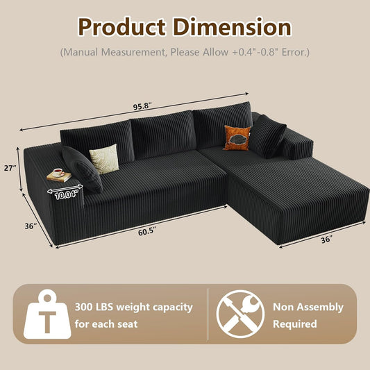 96" Modular Sectional Couch, Boneless L Shaped Cloud Sofa with Chaise Lounge, Corduroy Upholstered Couches Memory Foam Deep Seat, No Assembly Required, Ideal for Living Room(Black, Right Facing)