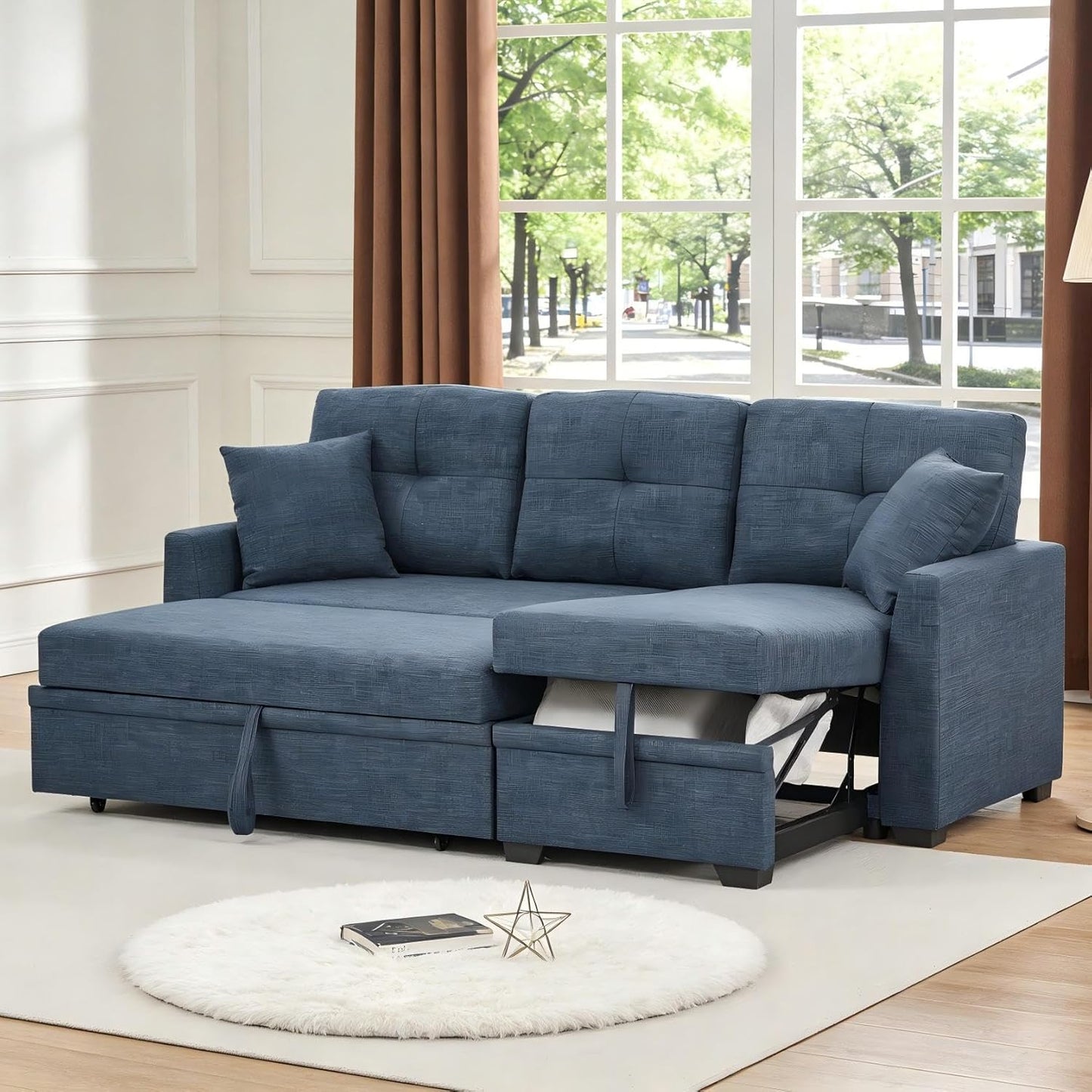 Sectional Sleeper Sofa with Pull Out Bed, L Shape Convertible Linen Couch with Storage Chaise, 2 in 1 Pull Out Sofa Bed with 2 Seats, for Living Room, Apartment, Dark Blue