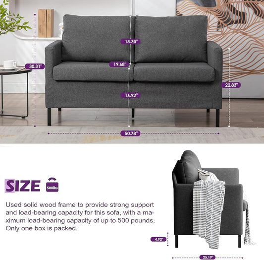 Linen Fabric Modern Small Loveseat Sofa Couch for Living Room, 51" W Little Upholstered 2-Seater Mini Love Seats W/Iron Legs for Small Space, Apartment, Bedroom, Dorm, Office (Dark Grey)