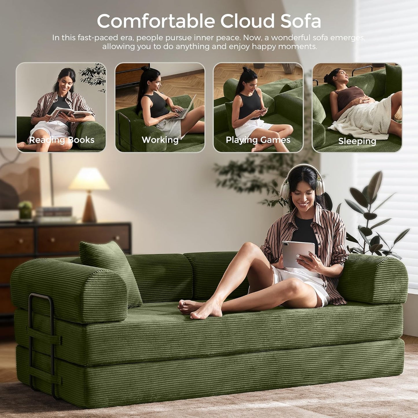 79" Convertible Sof Bed with Fixed-Shpe Frme & Removble rmrests, Modulr Corduroy Sleeper Sof, Folding Mttress Couch for Smll Spces - No ssembly Needed in Green (Includes 2 Pillows)