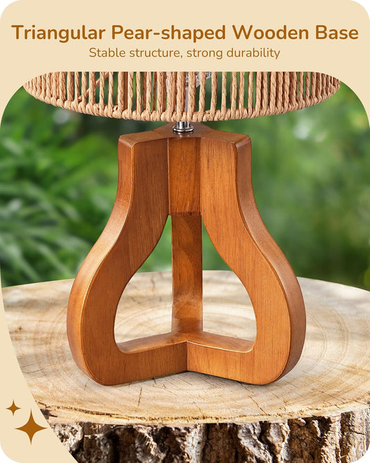 Small Table Lamp, Rose Wood Tripod Nightstand Lamp, Handwoven Paper Rope Shade, 14.6" Rattan Bedside Lamp for Bedroom Living Room, Office, On-Off Line Switch, E26 Base(Bulb Not Included)