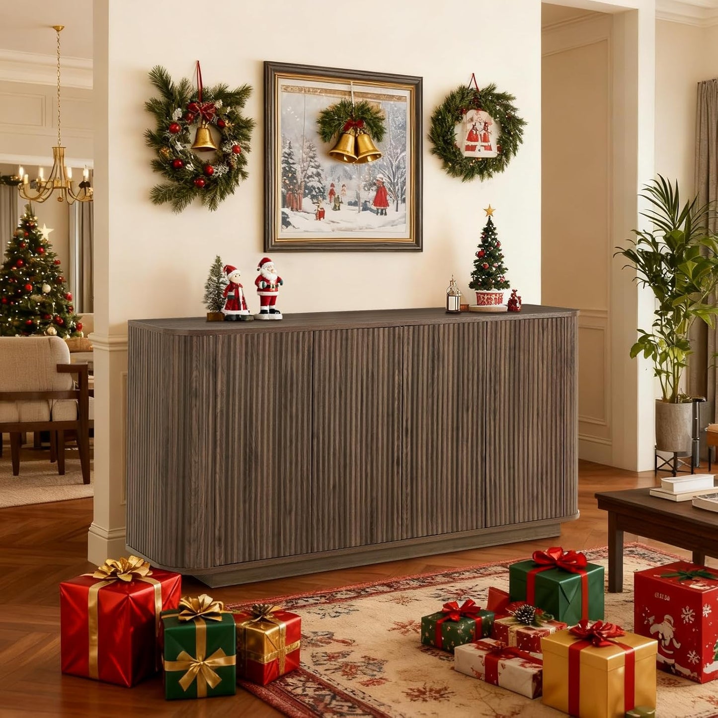 64" Sideboard Buffet Cabinet with Storage, Modern Fluted Accent Credenza with Adjustable Shelves, Wood Media Console Coffee Bar Table for Living Room Kitchen Dining Room, 31.5" H, Walnut