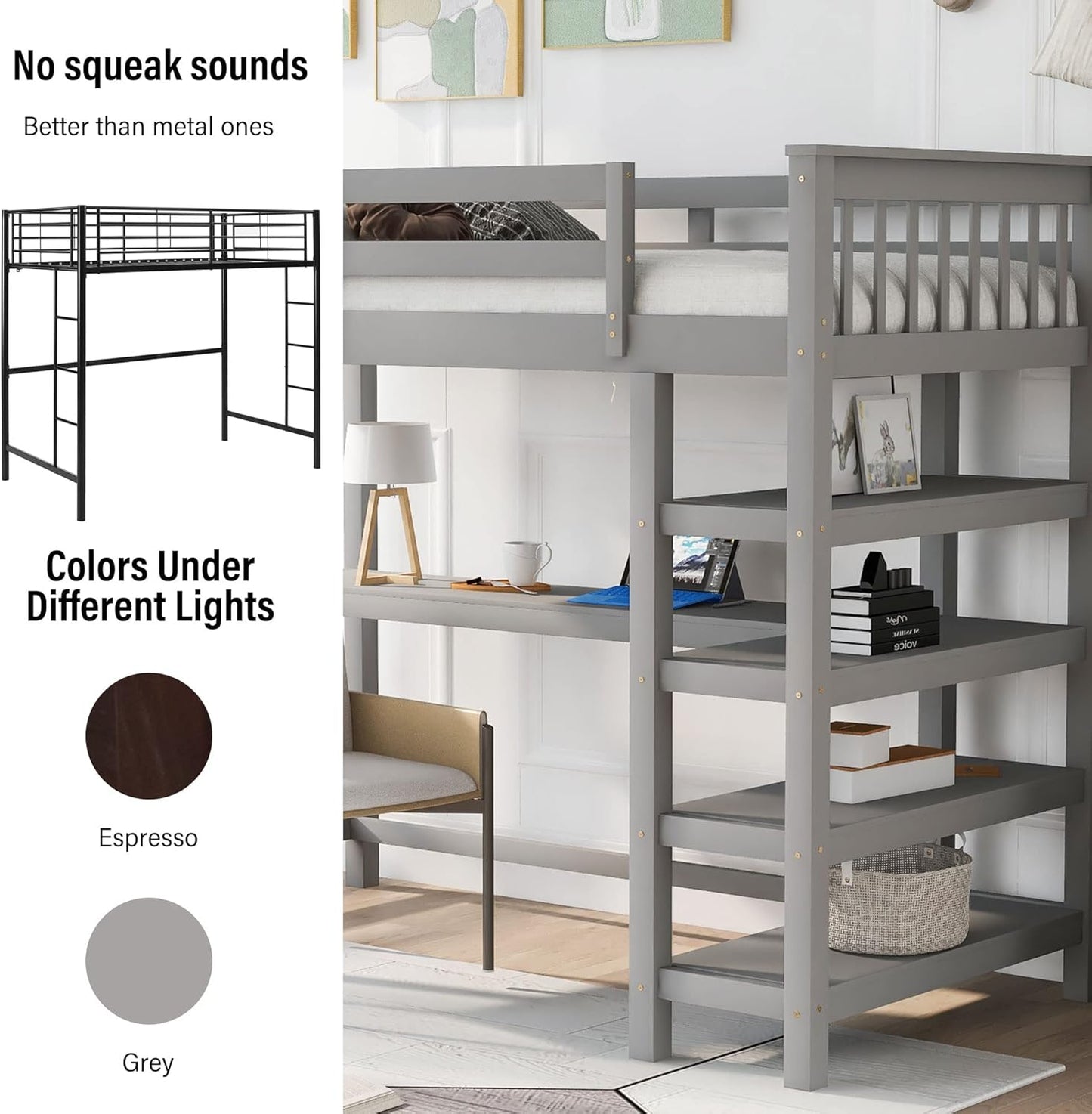 Wood Loft Bed with Desk : Full Size Loft Bed with 4-Storage Shelves and under Bed Desk Solid Wood Bed, Grey