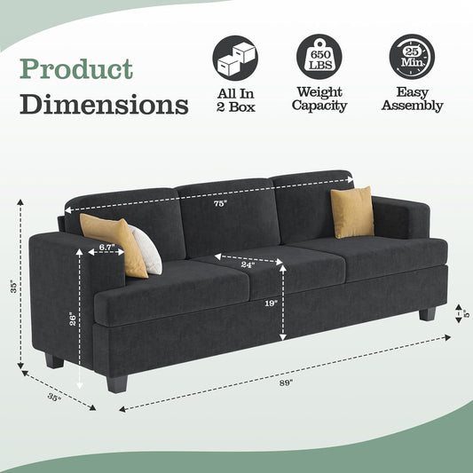 Loveseat & 3 Seater Sofa Sets, Comfy Dark Grey Couch Sofa Set for Living Room Furniture, Modern Lounge Sofa Cloud Couch for Apartment Lounge, Black Chenille