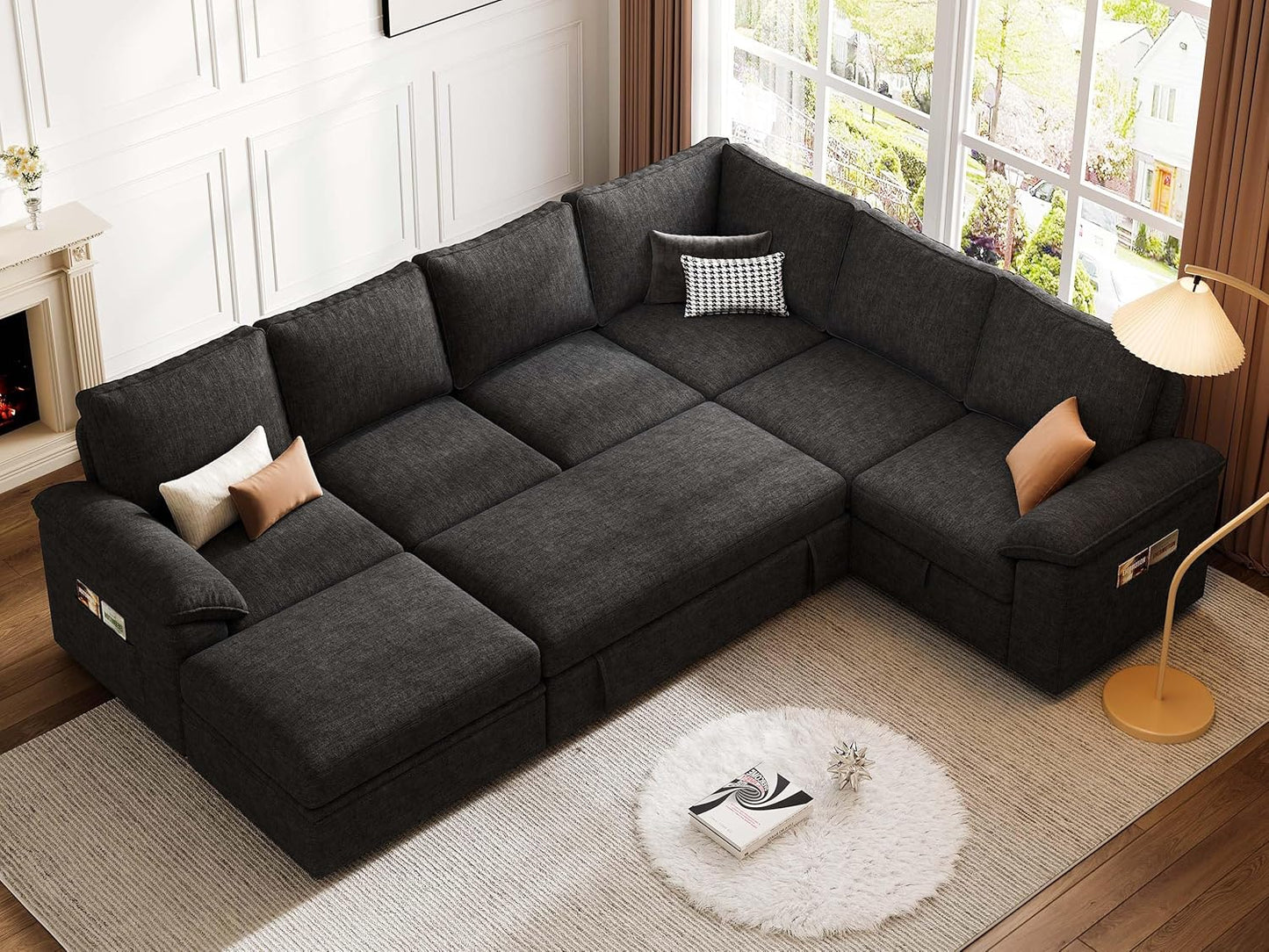 108 Inch Modular Sectional Sofa with Pull Out Bed, U Shaped 7 Seat Sectional Sleeper Sofa with Storage, Sectional Couches for Living Room,Cloud Modular Couch, Removable Sofa Cover, Black