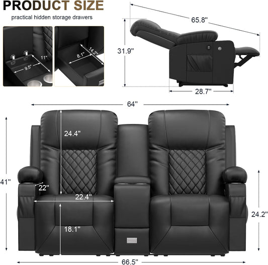 Large Loveseat Recliner, Loveseat Recliner Sofa with Storage Console, Recliner Chair with USB Ports, 2 Cell Phone Holders, Cup Holder, Loveseat Couch for Living Room