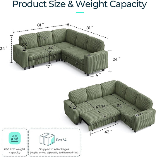 Sectional Sleeper Sofa with Storage Chaise & USB Charging, Convertible Pull Out Couch Bed Plush Corduroy Modular Sectional Couches for Living Room Apartment (Green)