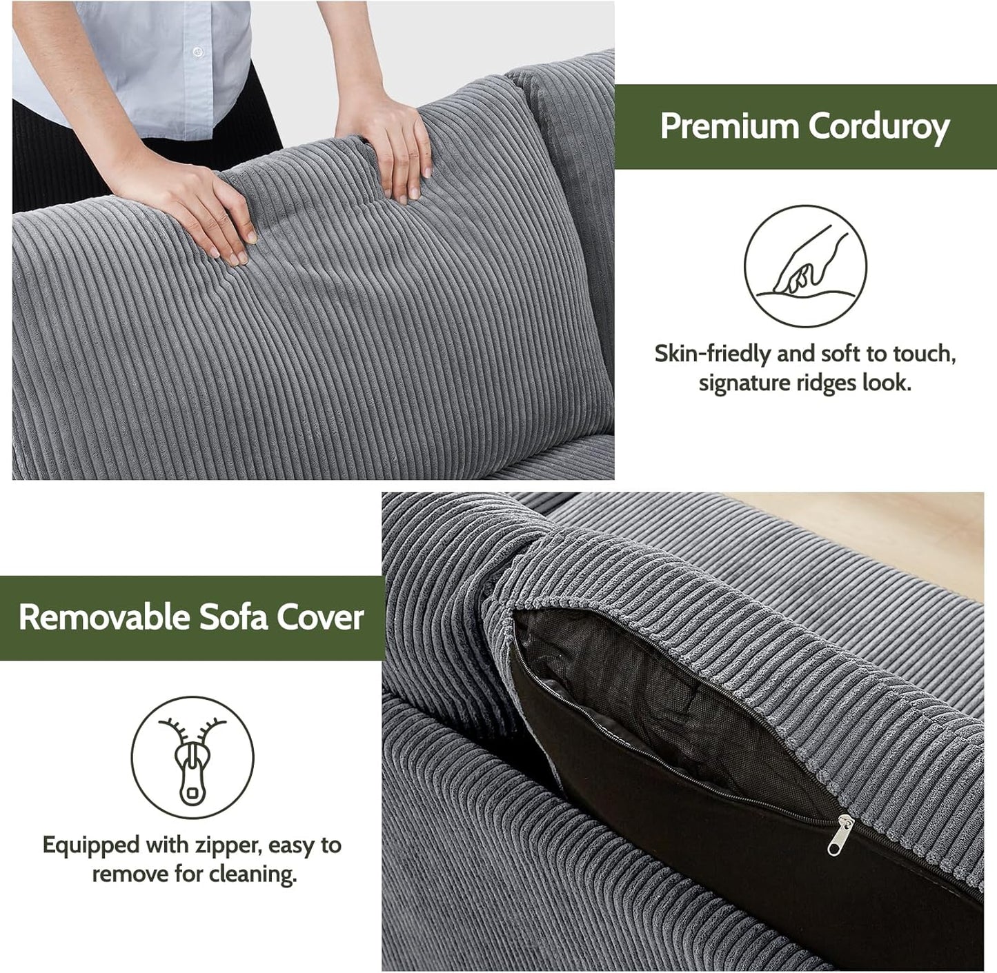 68" Loveseat Sofa Grey Corduroy Couch, Mid Century Modern Love Seat Couches for Living Room, Small Loveseat for Bedroom Office, Comfy Sofa with Spring Cushion, Solid Wood, Tool-Free Assembly