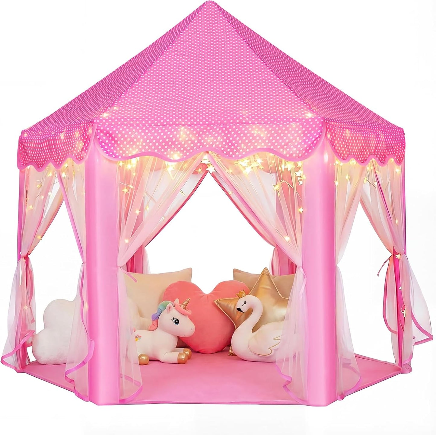 Princess Castle Play Tent for Girls Large Kids Play Tents Hexagon Playhouse with Star Lights Toys for Children Indoor Games (Pink)
