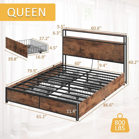 Queen Bed Frame with 2-Tier Storage Headboard, Metal Platform Bed Frame with 4 Storage Drawers, Built in Charging Station & LED, Noise-Free/Metal Support/No Box Spring Needed, Vintage Brown