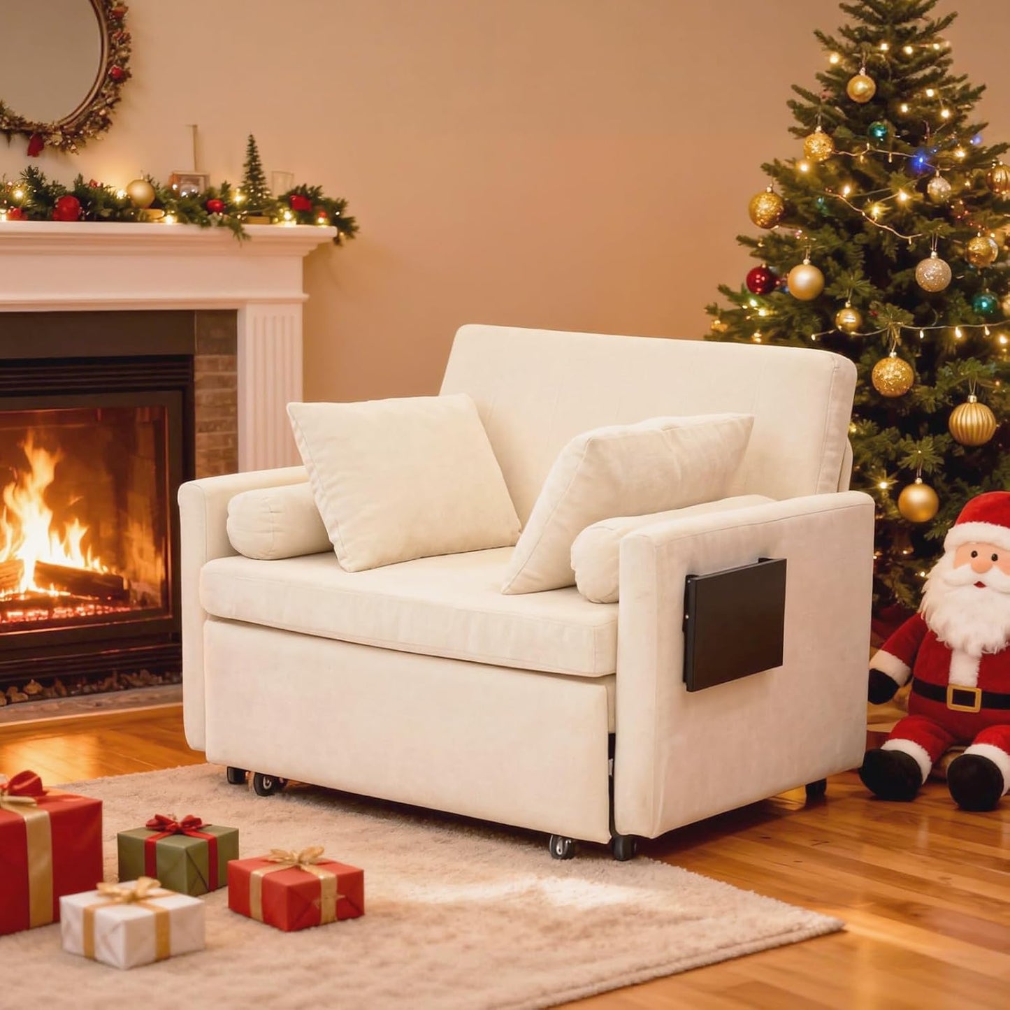 45" Oversize 3-In-1 Sleeper Chair, 75" Long Pull-Out Sleeper Sofa Bed with Wing Table and Side Pocket for Living Room, Bedroom, Small Space, Beige