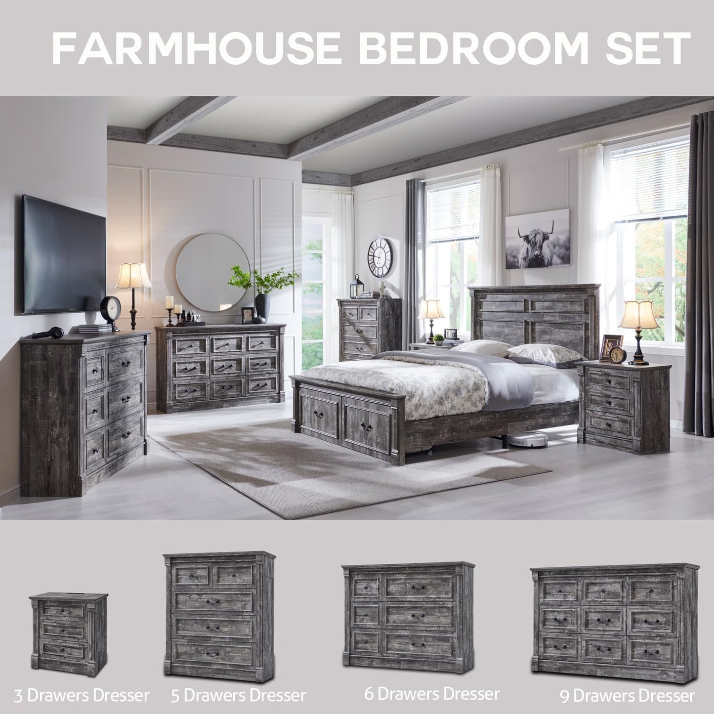 Farmhouse Queen Size Bed Frame with 51" Tall Headboard, Wood Platform Bed Frame with 20" Tall Roman Column Decoration Footboard & 2 Large Storage Drawers, No Box Spring Needed (Light Grey)
