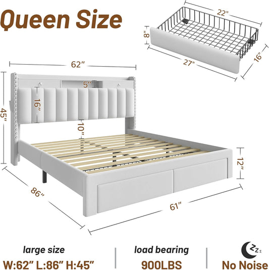 Queen Bed Frame with Headboard & 4 Storage Drawers,Velvet Upholstered Platform Bed Frame Queen Size with 3 USB & Type-C Charging Ports,Solid Wood Slats,No Box Spring Needed, No-Noise,White,Gift