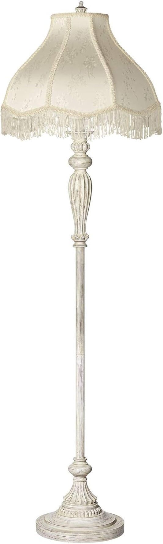 Traditional Vintage Shabby Chic Floor Lamp Standing 60" Tall Antique White Victorian Cream Scallop Fabric Dome Shade with Fringe Decor for Living Room Reading House Bedroom Home