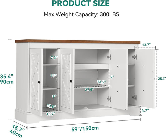 Sideboard Buffet Cabinet with Storage, 59" Buffet Storage with 4 Doors, Modern Farmhouse Coffee Bar Station Wood Kitchen Table with Adjustable Shelves for Kitchen, Living Room (White)