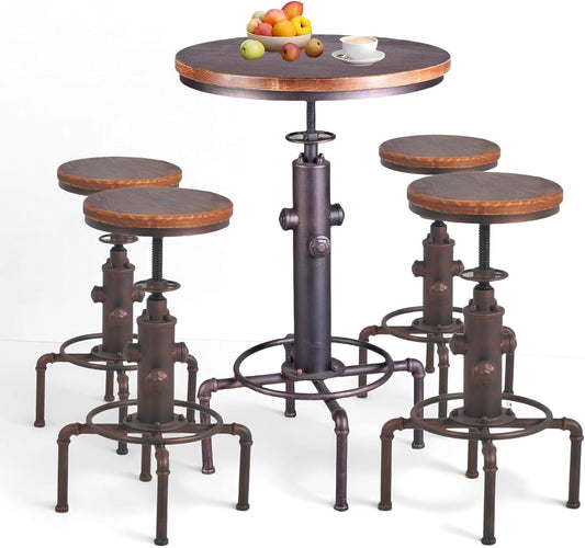 5 Piece Industrial Bar Set Water Pipe Fire Hydrant Design Height Adjustable, 31.5"-41.3" Vintage Dining Table and 23.6"-29.5" Wood Seat Metal Stools Set of 4 for Living Room, Coffee Shop, Bars