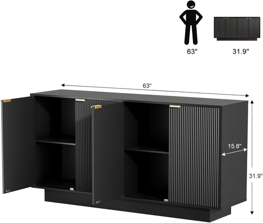 63'' Large Fluted Sideboard Buffet Cabinet, Modern Entertainment Center with Storage, Console Table Wine Bar Storage Cabinet with 4 Doors for Dining Room, Kitchen(Black)