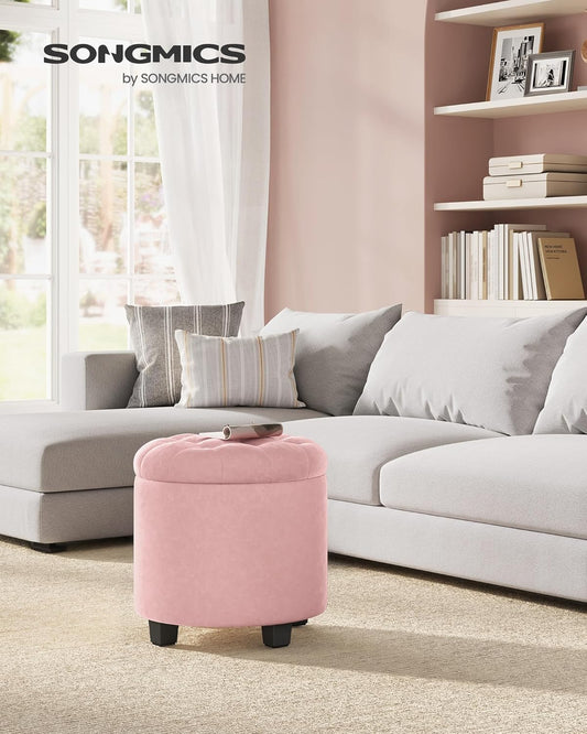 round Ottoman, Ottoman with Storage, 17.7 X 17.7 X 17.5 Inches, Foot Rest with Legs, Velvet, Load up to 330 Lb, for Living Room, Bedroom, Jelly Pink ULOM012R01