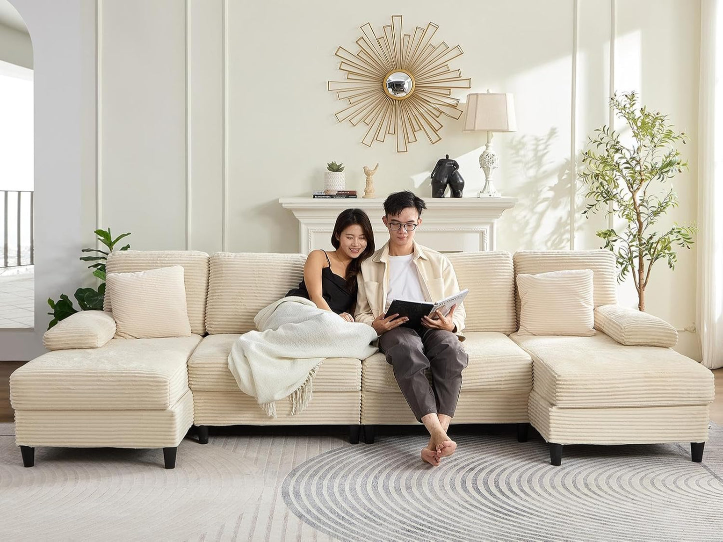 4 Seater U-Shaped Sectional Sofa Couches with Sleepable Armrest for Living Room Sets Furniture, 112" Width Corduroy Living Room Sleeper Sofa Couch Set with Double Chaises for Home Office, Beige