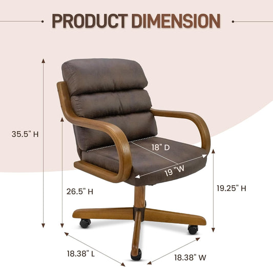 Douglas Set of 4 Swivel-Tilt Dining Chairs with Casters, Upholstered Kitchen Chairs with Wooden Arms & Metal Pedestal Base, Premium Foam Comfort, Mocha-Chestnut