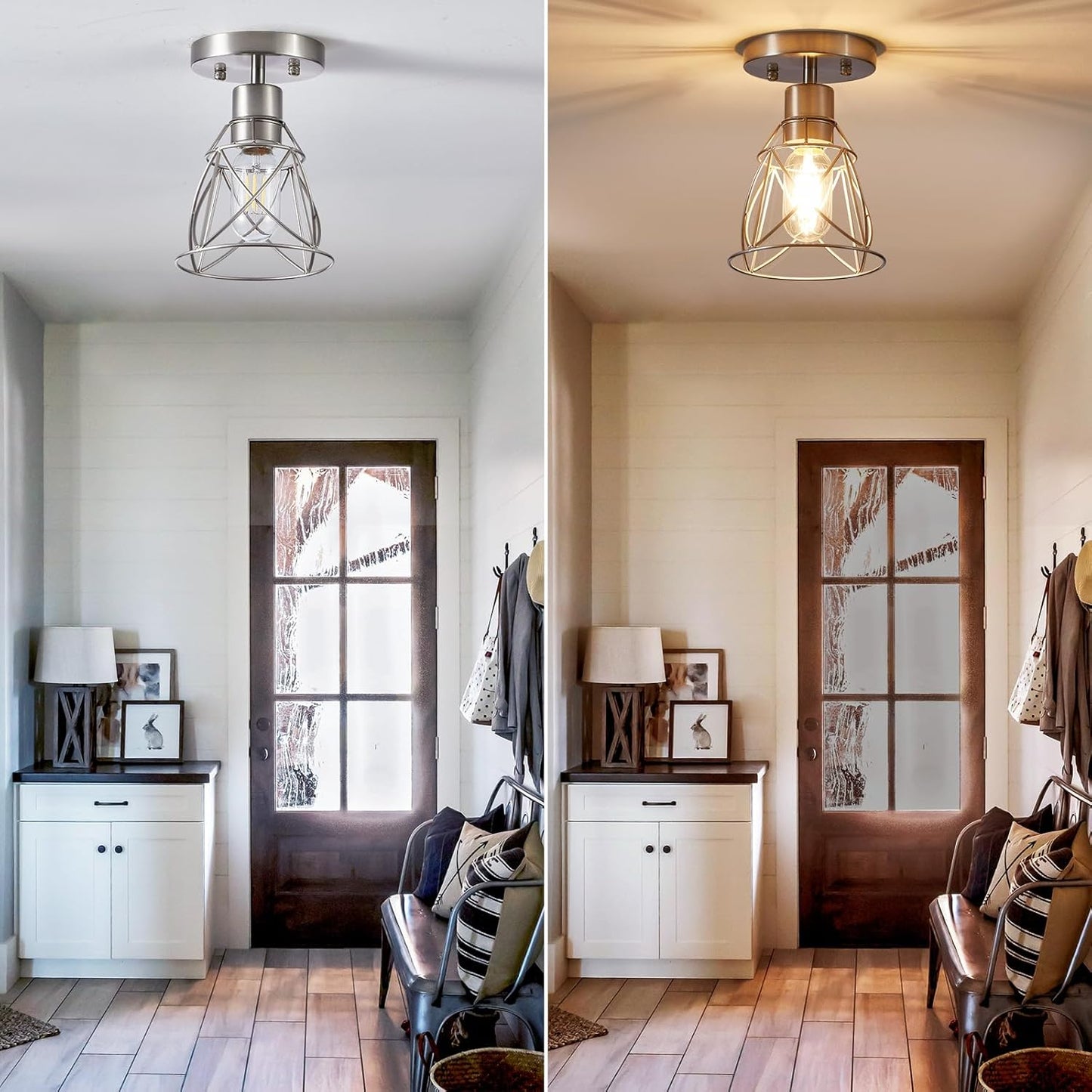 1 Light Semi Flush Mount Ceiling Light Fixture, Rustic Modern Framhouse Brushed Nickel Kitchen Ceiling Light with Metal Cage Shade for Foyer Kitchen Hallway Entryway Bedroom(1 Pack)