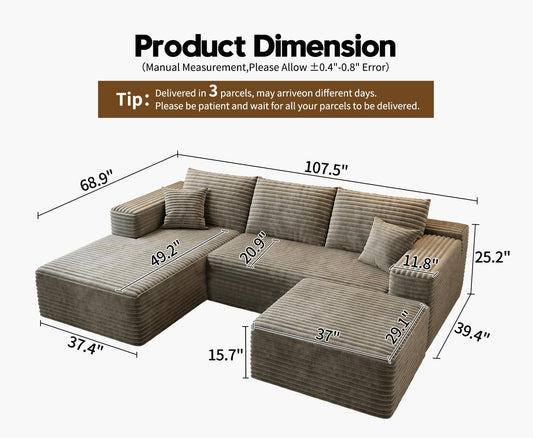 107.5" Cloud Modular Sectional Couch with 1 Ottoman,Modern Minimalist Upholstered Couches, Comfort U Shaped Sofa for Living Room,Deep Seat Corner Couch,No Assembly Required (Camel,Left Facing Chaise)