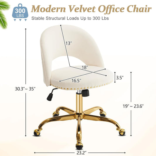 Modern Velvet Small Office Chair,Cute Desk Chair with Wheels,Gold Base/Studs, Comfy Armless Swivel Vanity Task Chair for Women/Girl/Kids, Nail Tech Chair for Bedroom,Small Space,White
