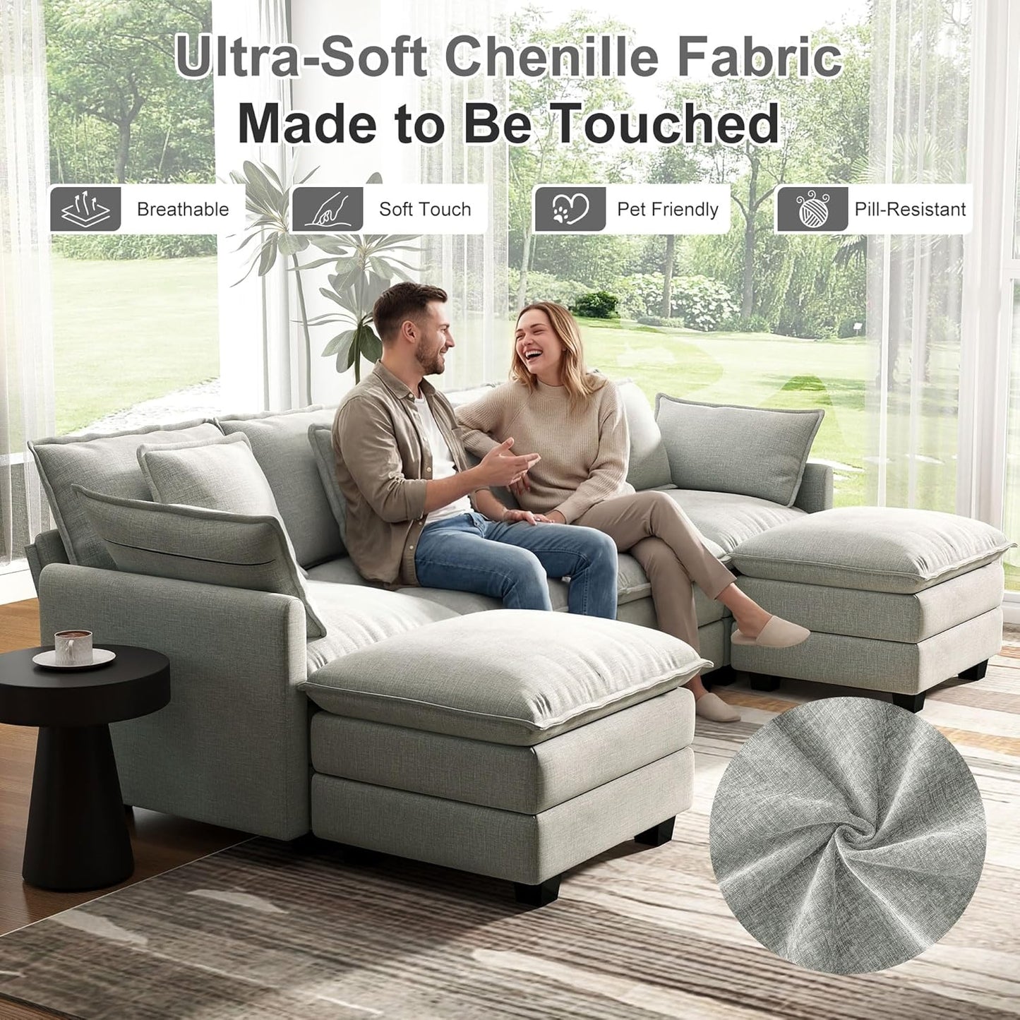 107" Cloud Couch Sectional, U Shaped Modular Sectional Sofa, 4-Seat Deep Seat Couch with 6 Removable Washable Pillows and 2 Ottoman for Living Room, Bedroom, Apartment, Light Grey