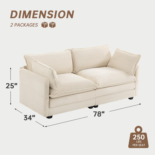 78'' Sectional 2 Seat Cloud Loveseat with 2 Throw Pillows, Modern Corduroy Love Seat, Cozy Sofa for Living Room, Office and Bedroom, Beige