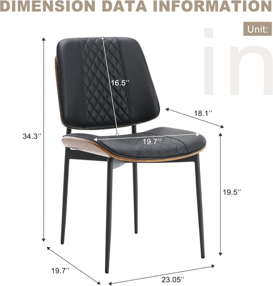 BV Dining Chairs Set of 6, PU Leather Armless Kitchen Chair in Modern Walnut Style, Mid Century Bentwood Side Chair with Metal Legs, Retro Accent Guest Chair for Kitchen Dining Room(Black)