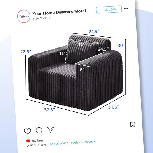 Single Sofa Foam Couch Sofa for Small Spaces Comfy Sofas with Removable Cover Furry Couch with Pillows for Living Room, Bedroom, Apartment, Office (Dark Grey, Standard)