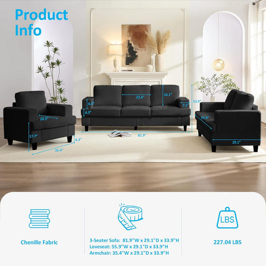 82" Width 3 Piece Living Room Sets Furniture, 3 Seater Sofa Couch and Loveseat and Chair Set, Modular Sectional Sofa Couch Sets, Sofas Couches Set for Living Room Bedroom Home Office, Dark Grey