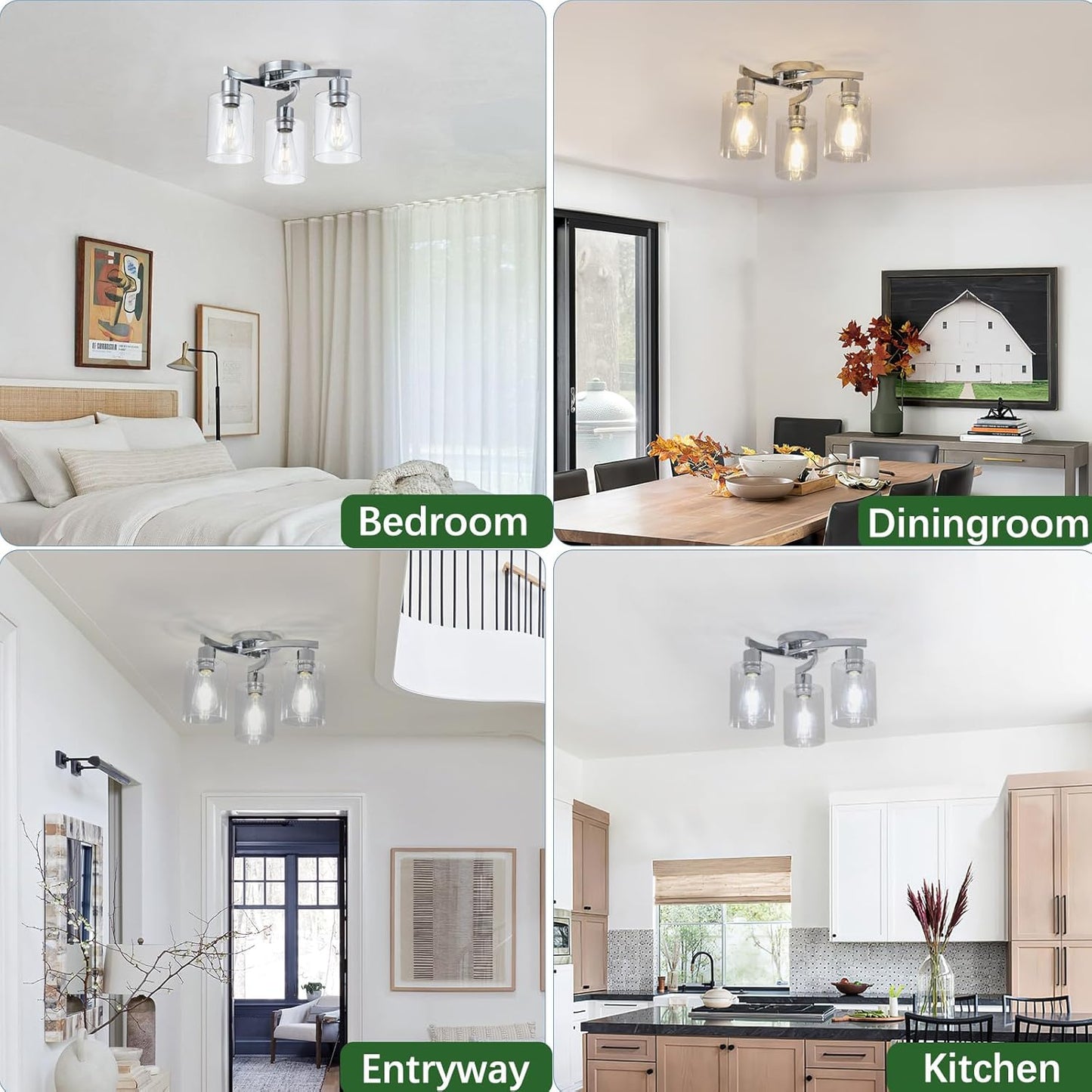 3-Light Semi Flush Mount Ceiling Light, Modern Close to Ceiling Light Fixtures with Clear Glass Shades, Chrome Light Fixture for Kitchen, Dining Room, Hallway, Entryway, Foyer