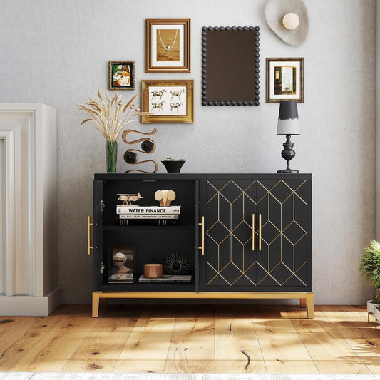 47.8" Storage Accent Cabinet with 4 Doors, Modern Sideboard Buffet Cabinet with Gold Lines, Wood Decorative Credenza with Storage for Living Room, Kitchen, Dining Room, Entryway, Black