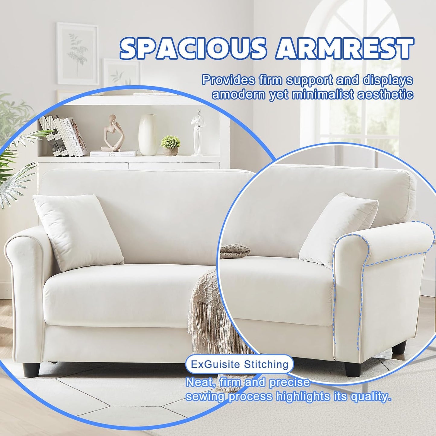 82.48" Velvet Upholstered Sofa Couch,3 Seater Couch Loveseat Sofa Furniture Comfy Couches for Living Room, Bedroom, Small Space(Beige White)