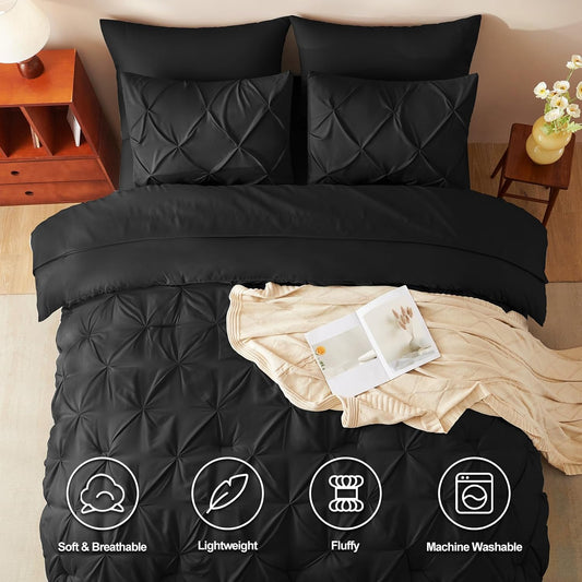 Queen Comforter Set Black, 7 Pieces Pintuck Bed in a Bag, Premium Black Comforter Queen Size, Pinch Pleat Bedding Sets with Comforter, Sheets, Pillowcases & Shams