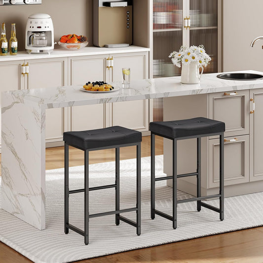 Bar Stools,25.4" Saddle Stools with PU Upholstery, Counter Height Stools with Footrest, Kitchen Breakfast Chairs, for Dining Room, Cafe, Bar, Black BB23BY01