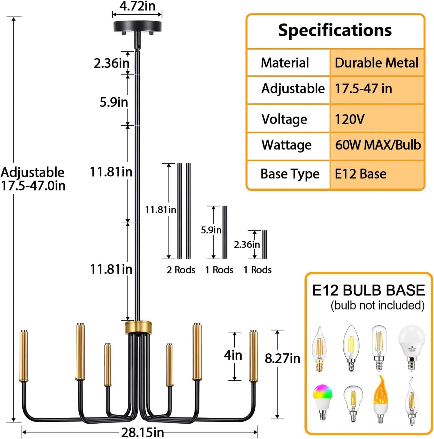 Black and Gold Chandelier, 6-Light Farmhouse Chandelier for Dining Room Lighting Fixtures Hanging, Dining Light Fixtures Industrial Modern Light Fixture for Bedroom, Foyer, Living Room and Entryway
