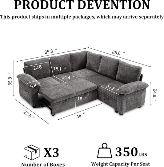 108 Inch Sectional Sleeper L Shaped Sofa with Pull Out Bed, 5 Seat Modular Sectional Sofa with Storage, Modern Chenille Cloud Couch, Sectional Couches for Living Room, Gray