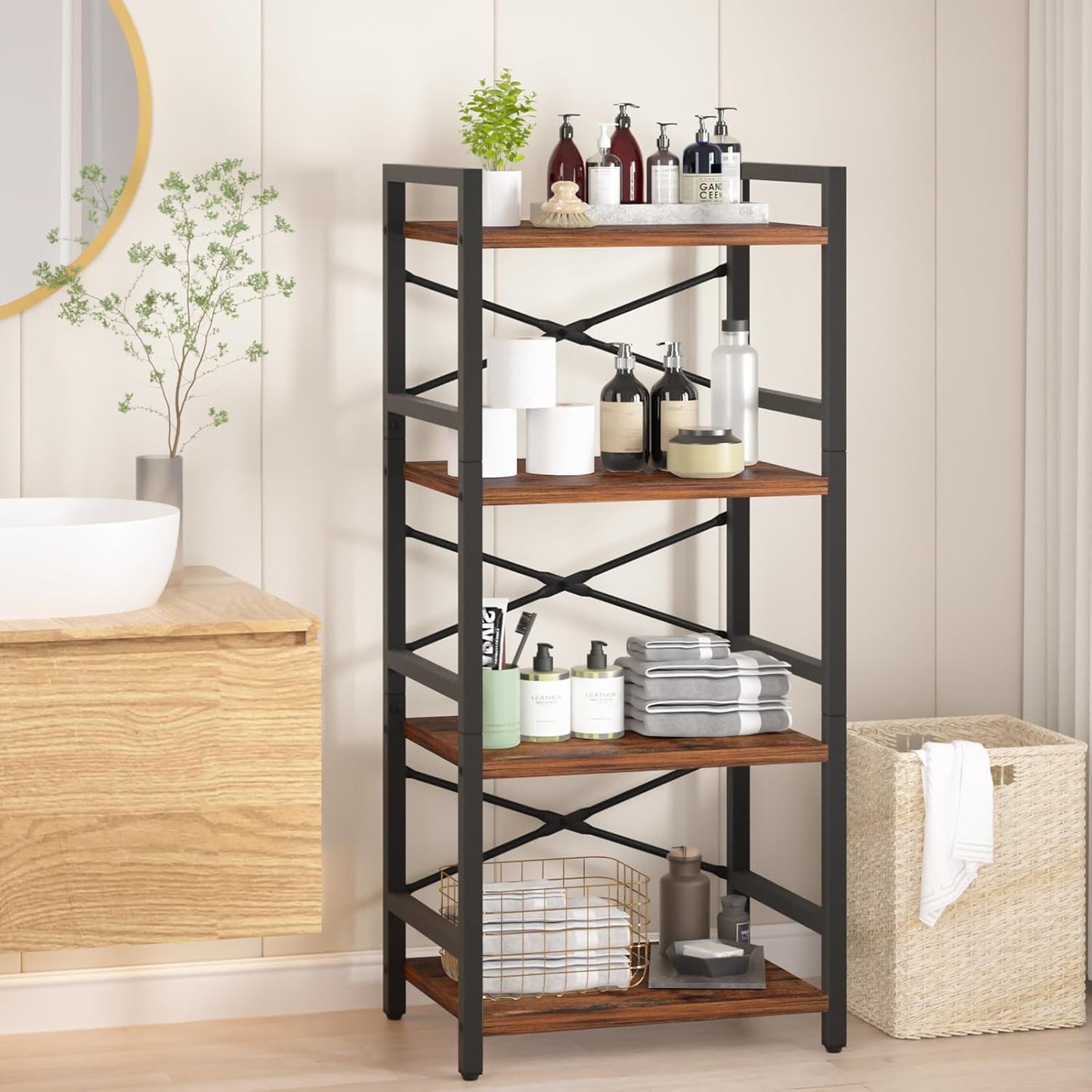 4 Tier Bookshelf - Small Book Shelf Industrial Bookcase, Narrow Book Case Book Storage Organizer for Cd/Movie/Book, Bookshelves for Bedroom Office Living Room Berry Brown