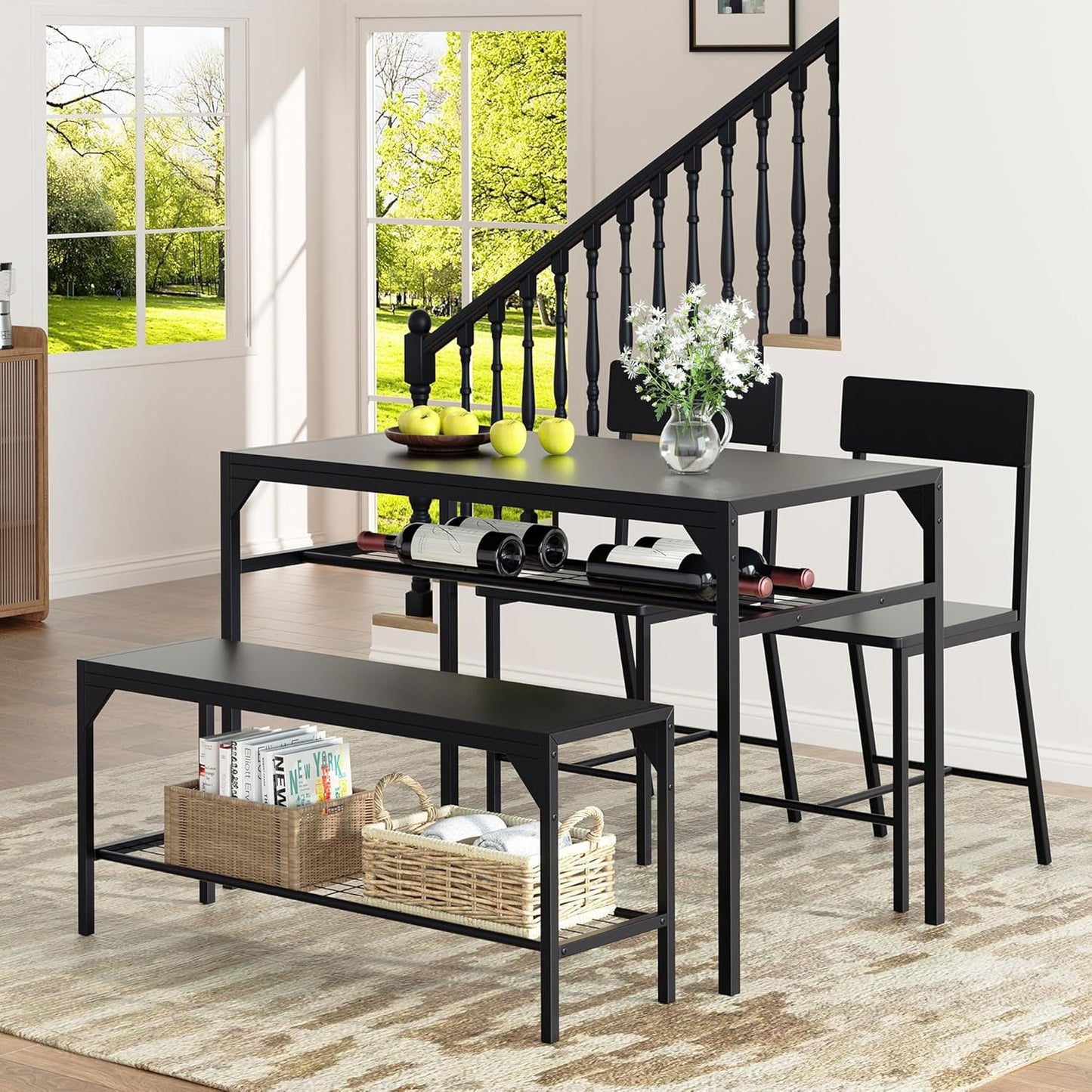 Kitchen Table Chairs Set of 4, Dining Table Set for 4 with Bench and Chairs, 4 Pieces Kitchen Table Set with Storage Rack & Metal Frame for Small Space, Solid Black