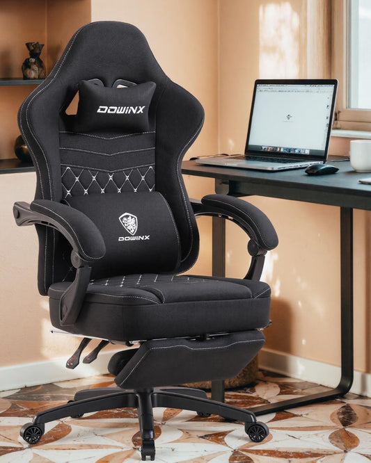 Gaming Chair with Footrest, Breathable Fabric Ergonomic Gamer Chair for Home Office, Extendable Long Leg Rest for Napping, Soft Seat with Lumbar Support, Gel Pad and Storage Bag, Black