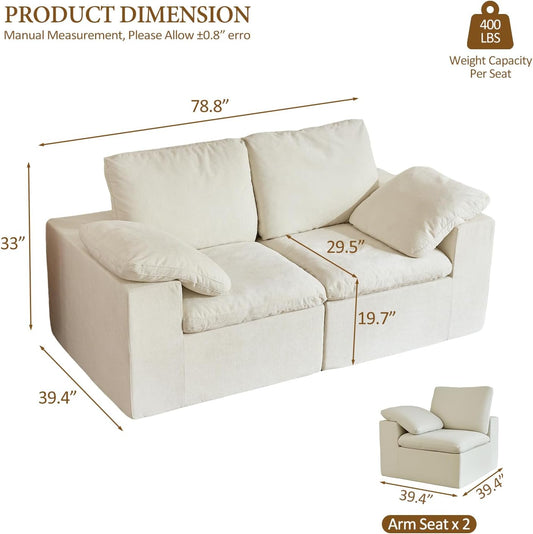 78" Loveseat Sofa, Deep Seats, Cloud Sectional Couches for Living Room, 2 Seater Boneless Couch, Modern Modular Loveseats, No Assembly, Beige | Adjustable Backrest, Premium Chenille, 29.3" Deep Seat