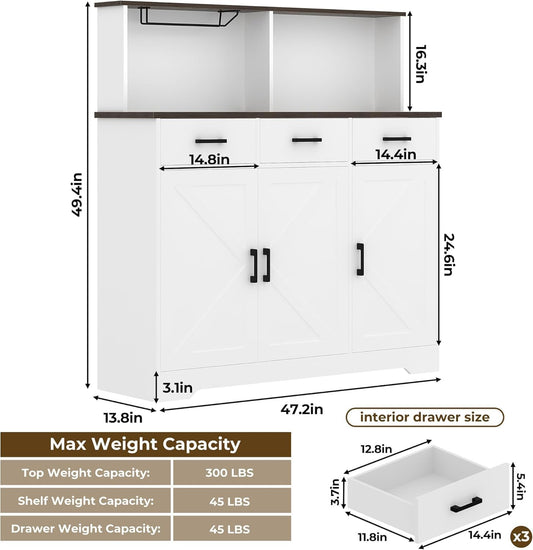 Farmhouse Sideboard Buffet Cabinet with Microwave Stand, Barn Doors Buffet Storage Cabinet with Drawers and Shelves, Wood Coffee Bar Pantry for Kitchen, Dining Room, Living Room, White