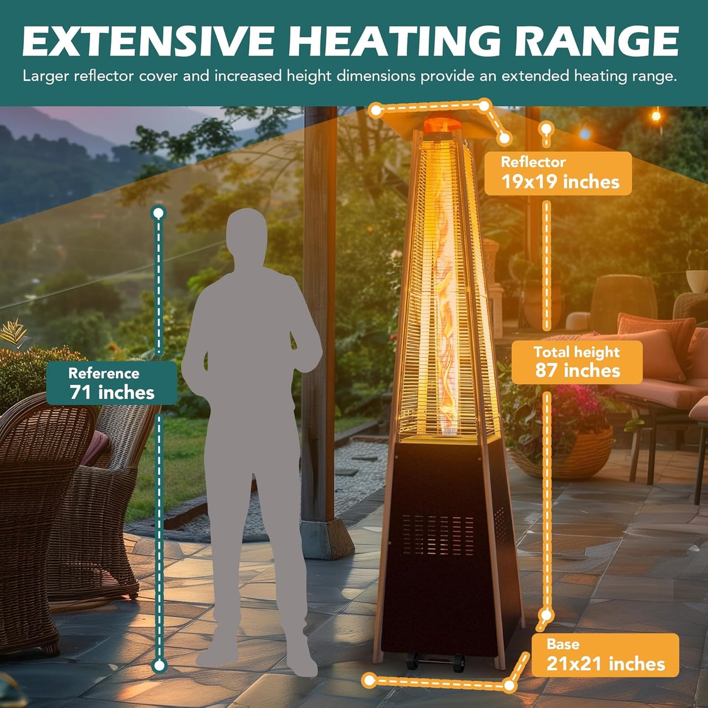 48,000 BTU Flame Pyramid Pool Heater with Cover, Triple Safety Protection Portable Patio Heater with Patio Cover, Warm Glass Tube with Durable Wheels-Brown